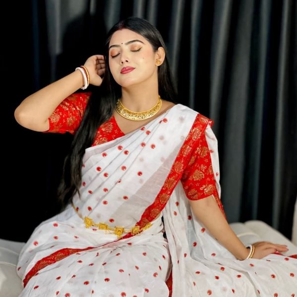 🌺পূজার স্পেশাল ব্লক প্রিন্ট শাড়ি ব্লাউজ পিস ✨